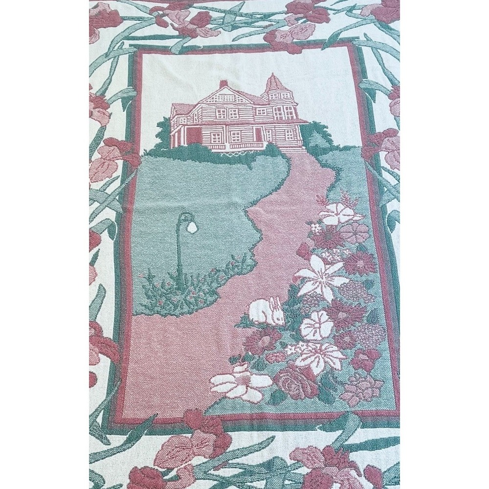 Cotton tapestry throw blanket Victorian house and garden scene 62"x46" Vtg Nice - Picture 2 of 8